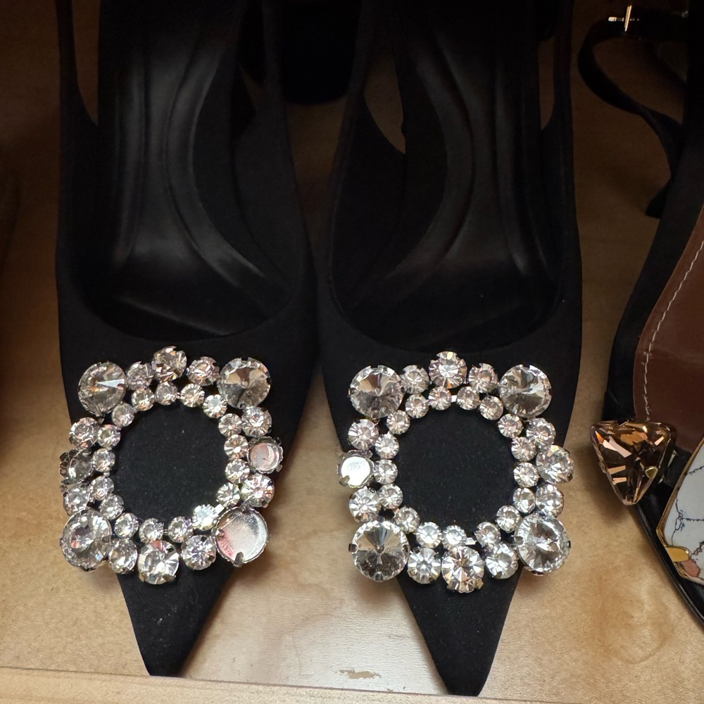 Zara Black Satin Heels with Rhinestone Buckles